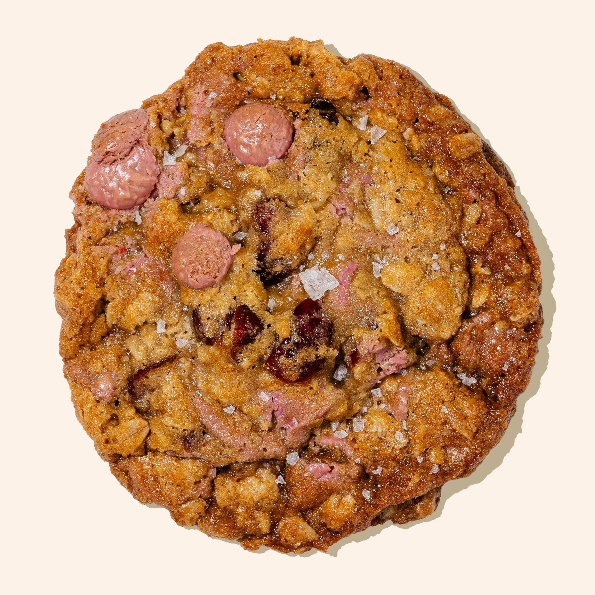 single closeup Ruby chocolate cranberry oatmeal cookie on a white background