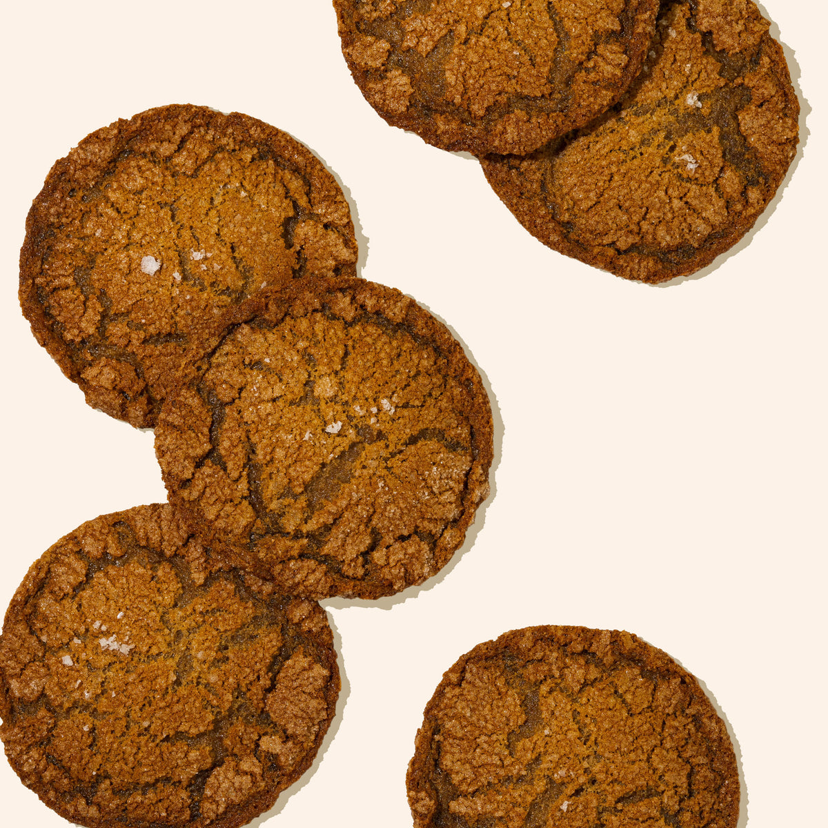 Piles of ginger molasses cookies on white background