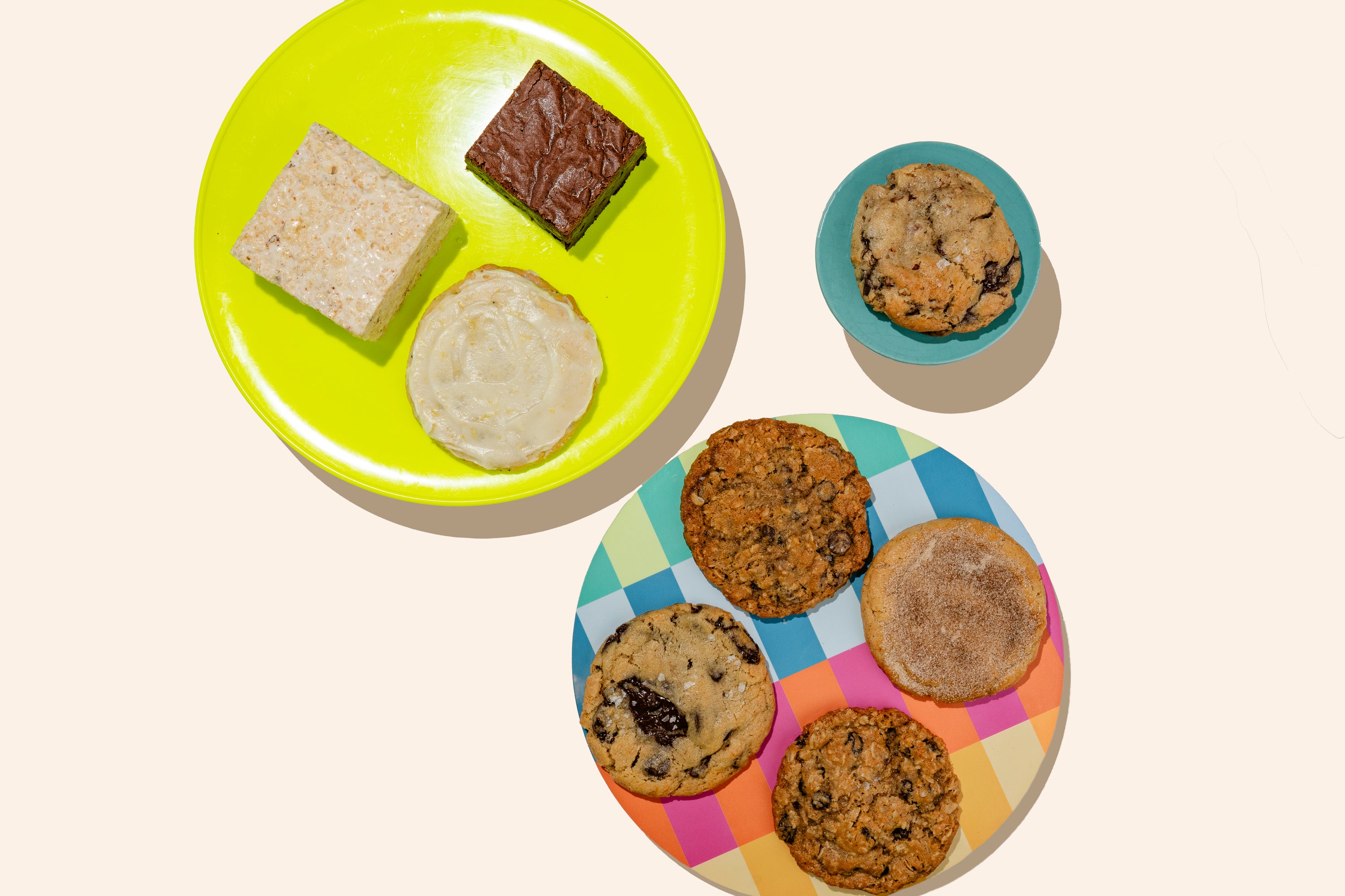 colorful plates with display of assorted cookies and bars