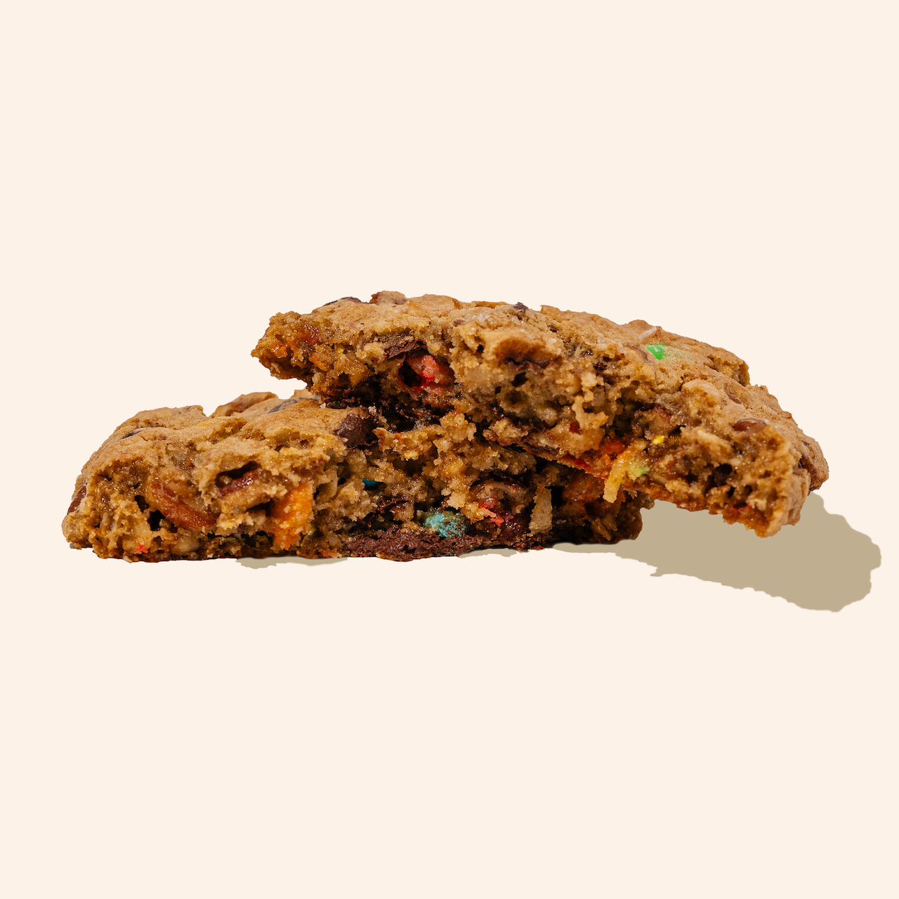 cross section 
oatmeal M&M cookies on white background 