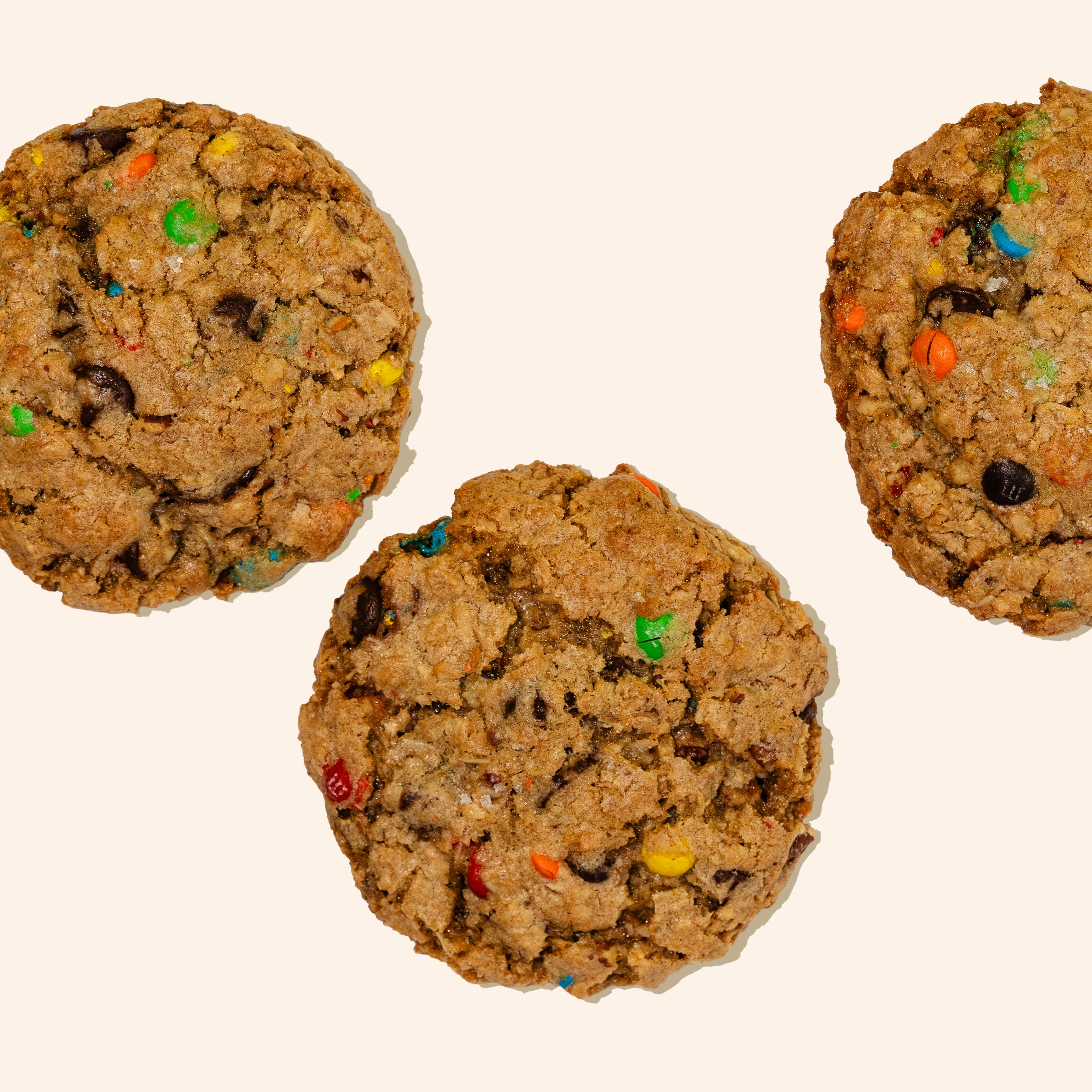 oatmeal M&M cookies on white background