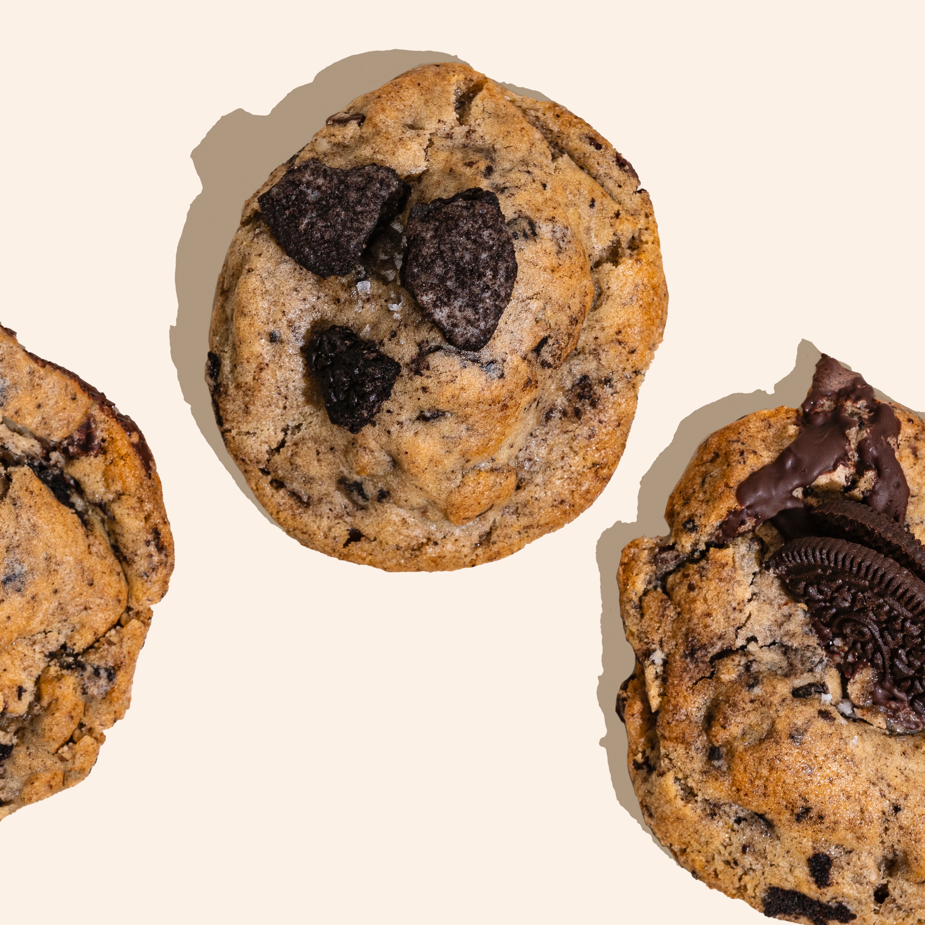 overhead shot of vegan oreo chocolate chip cookies