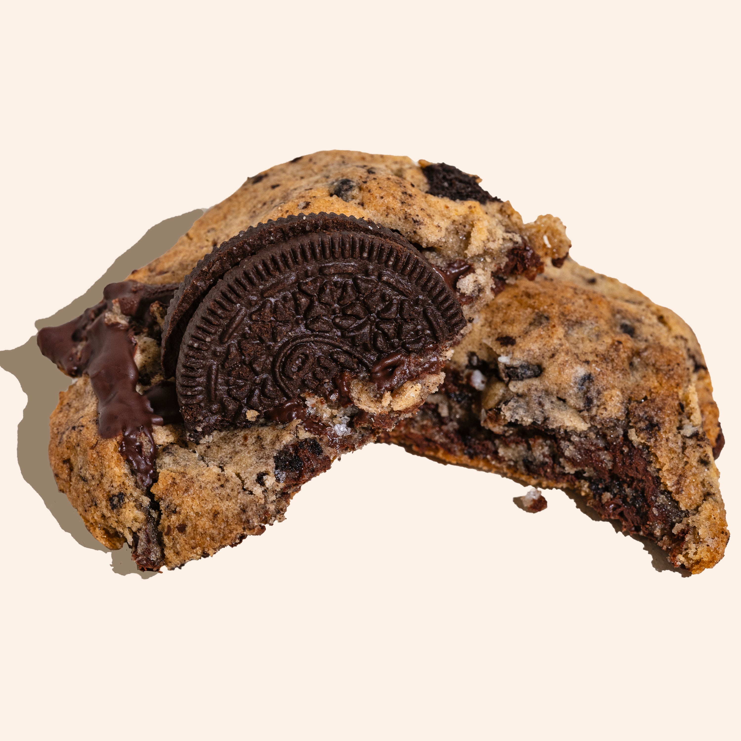 cross section of vegan oreo chocolate chip cookie