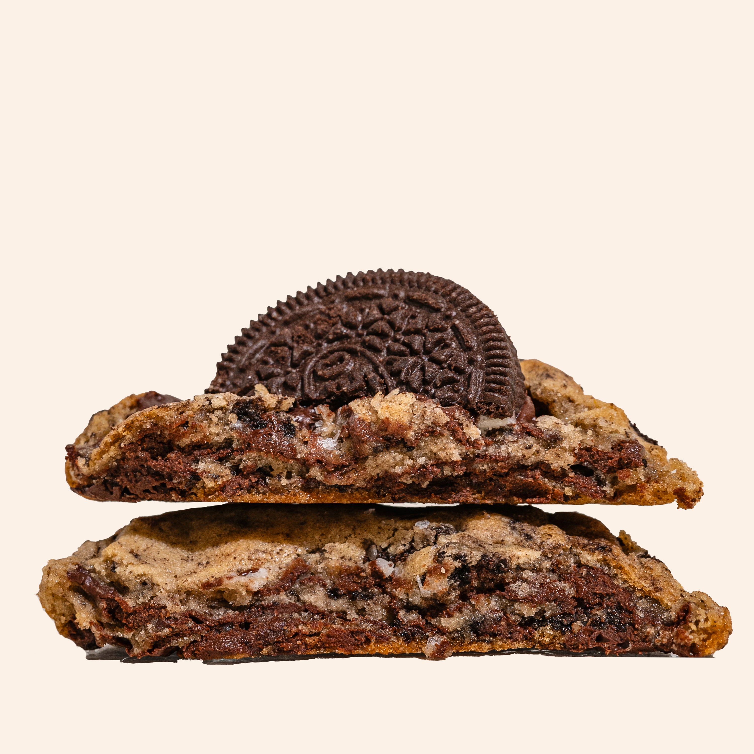 cross section of vegan oreo chocolate chip cookie
