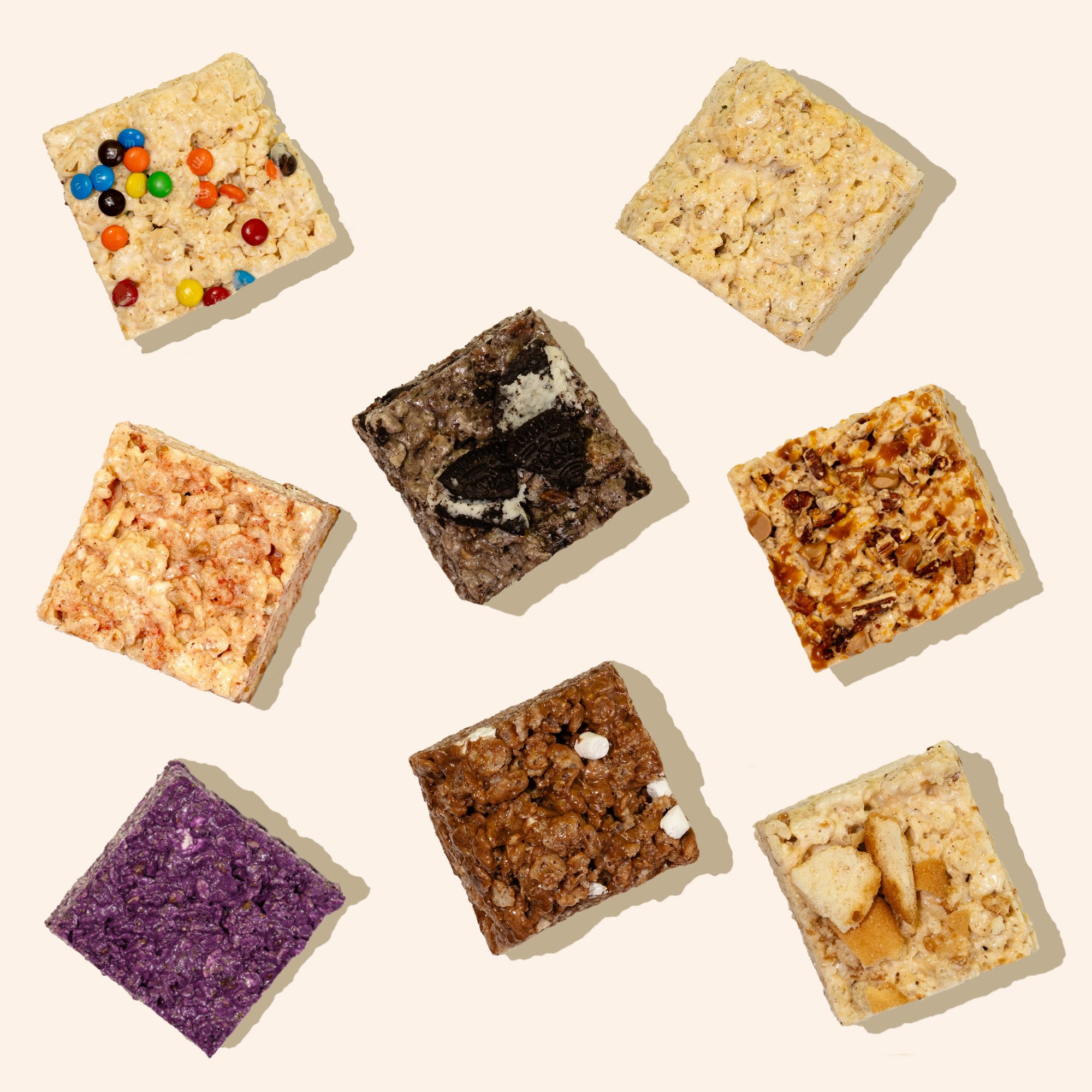 flavored rice cereal treats on white background