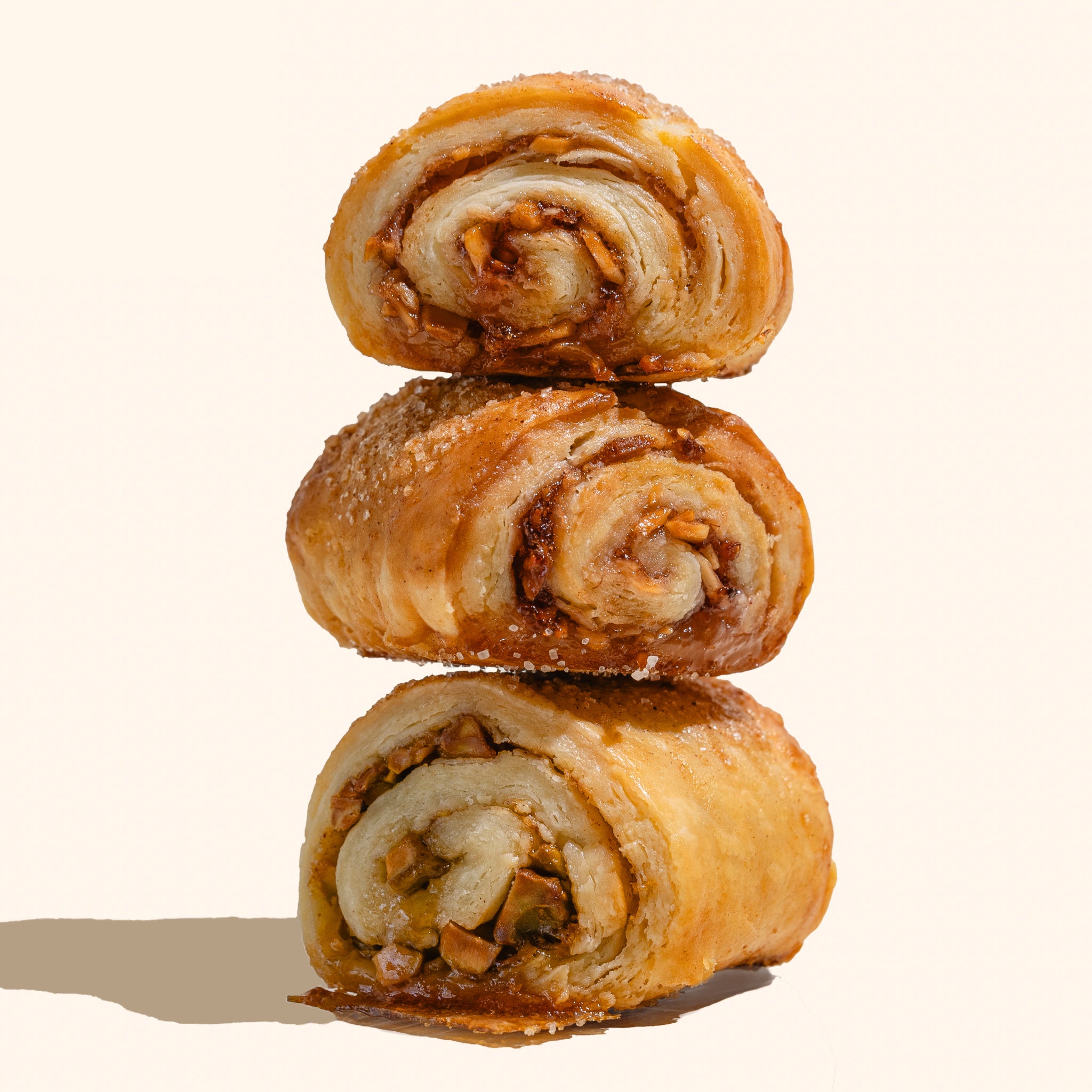 3 filled rugelach stacked on top of each other