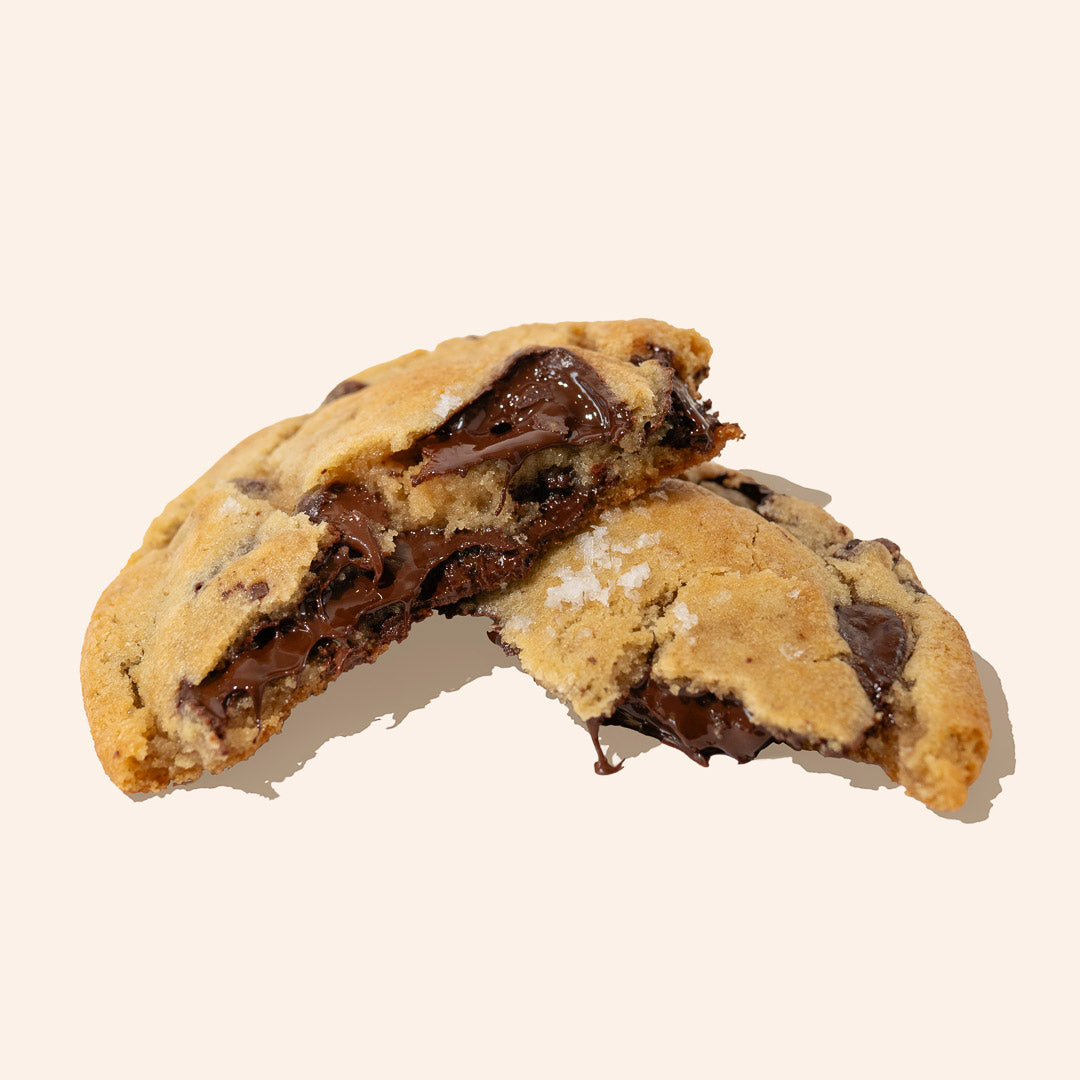 cross section of gooey chocolate chip cookie