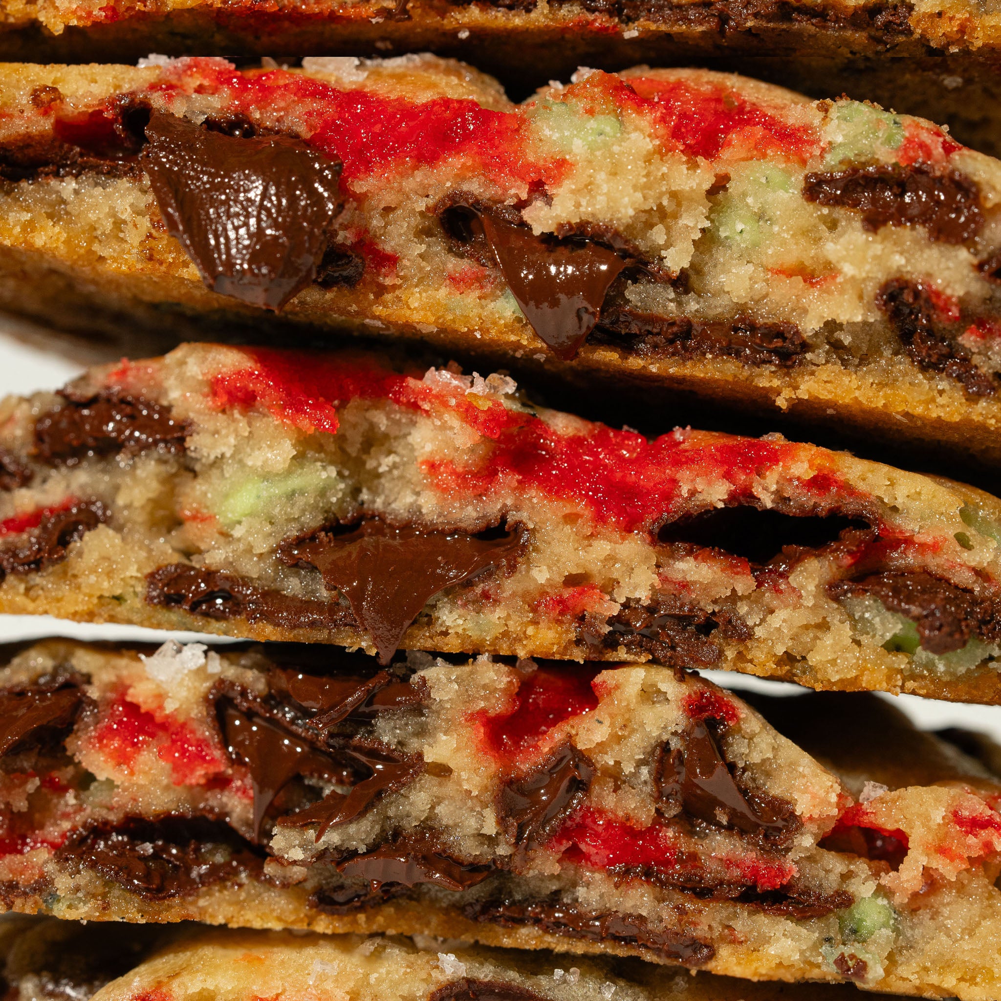 cross section of mint chip cookie with peppermint pieces