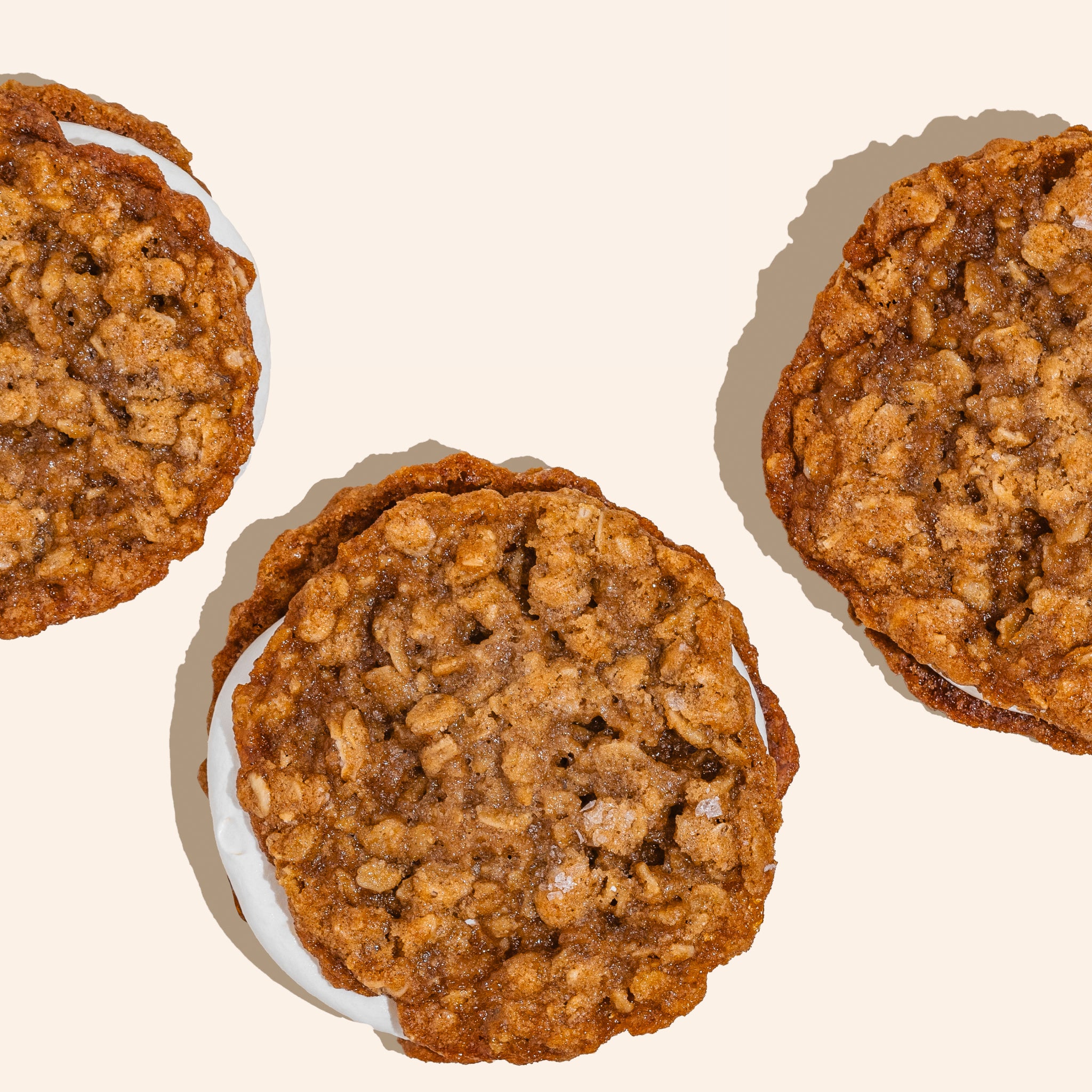 overhead shot of oatmeal whoopie pie with marshmallow fluff buttercream 