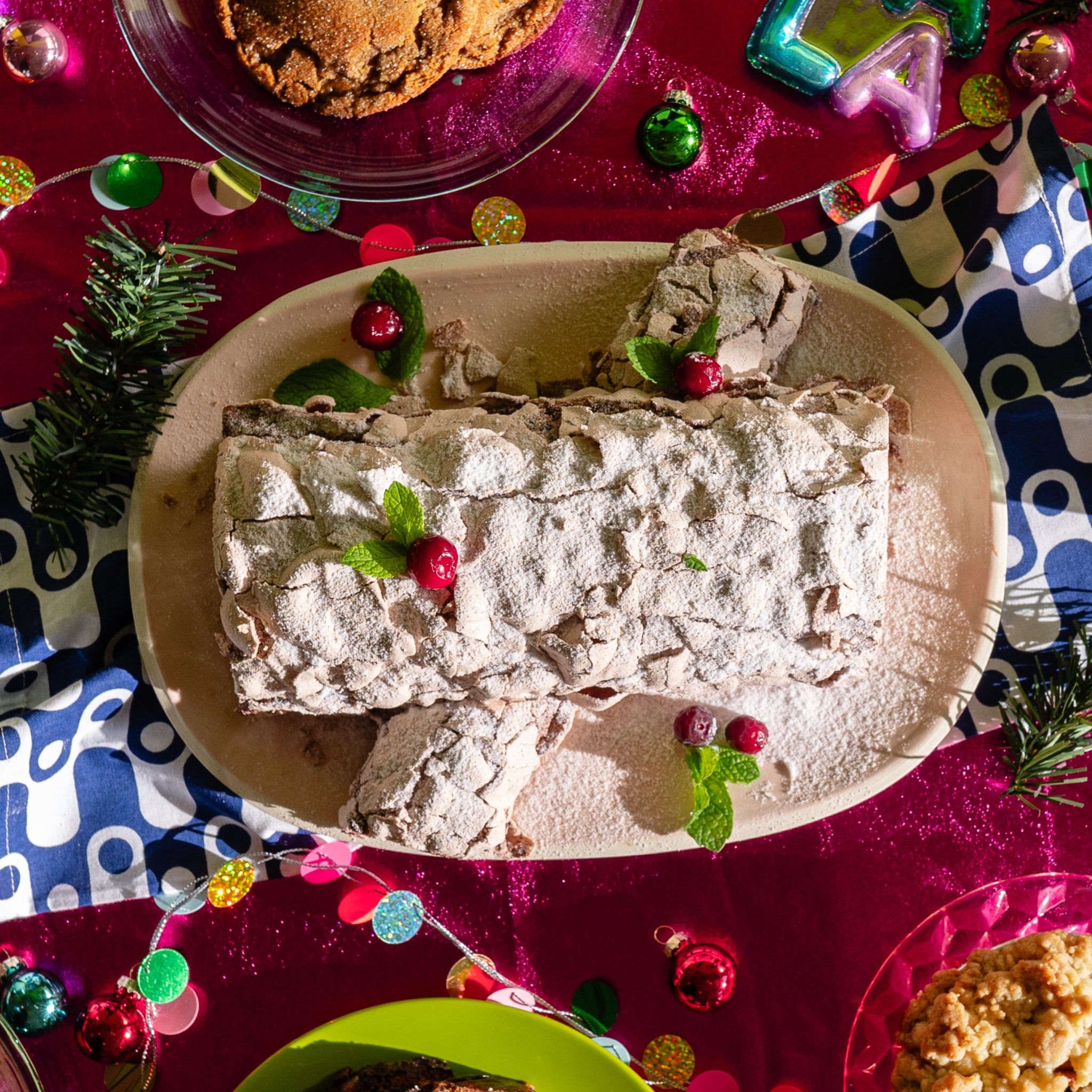 yule log pavlova on festive table